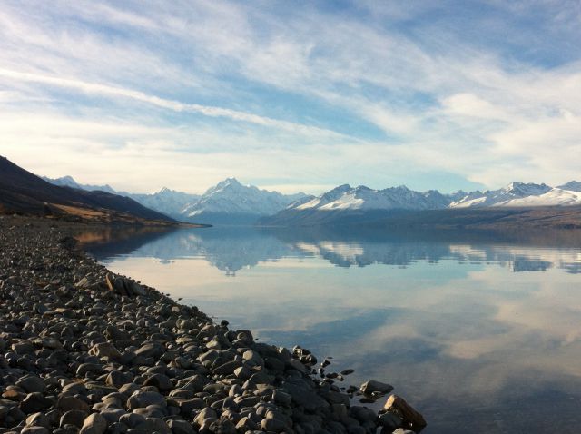 Lake Pukaki shore and snow-capped mountains