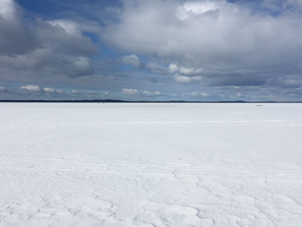 Two skiers on the frozen lake