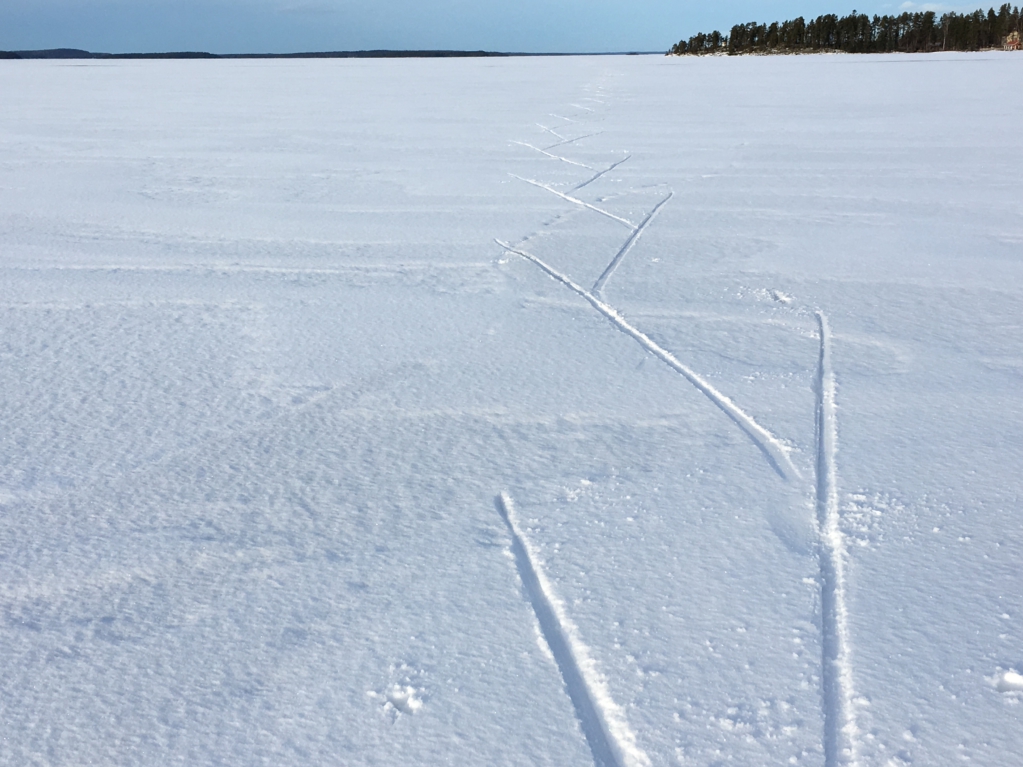 Winter Finland: skiing on the frozen lake