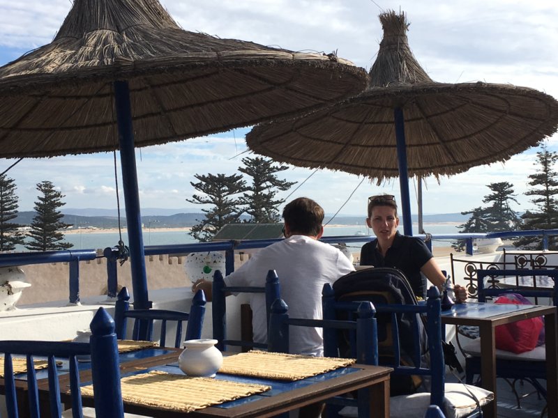 Essaouira city wall and beach from cafe Essaouira city wall and beach from cafe