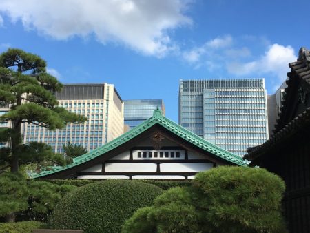 Downtown Tokyo skyscrapers and an old building