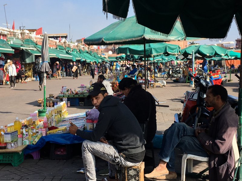 Men in the healing products section of Jemaa el-Fna Sellers on the Jemaa el-Fna square