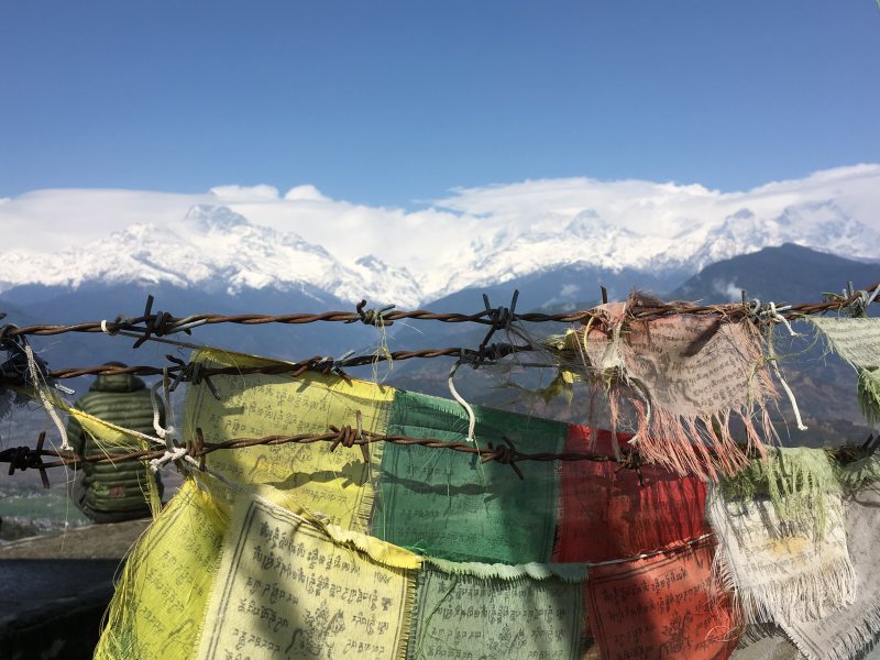 Prayer flags and Himalayas from Sarangkot