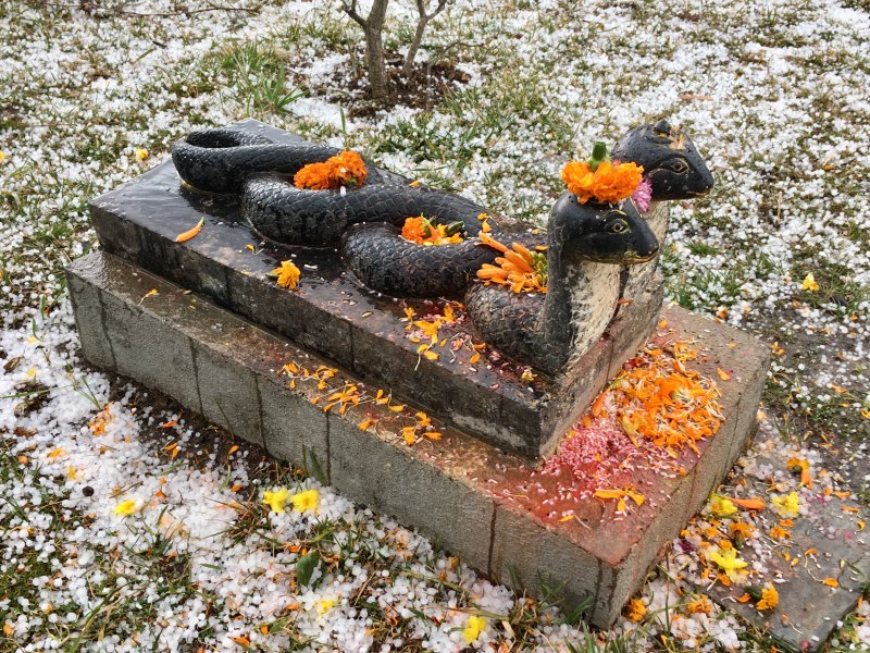 Chandragiri Hills snake statue in a snow storm Snowing on Chandragiri Hill