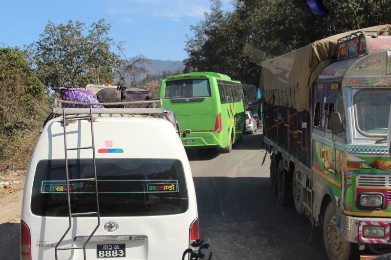 Driving in Nepal: traffic jam on the Kathmandu to Pokhara road