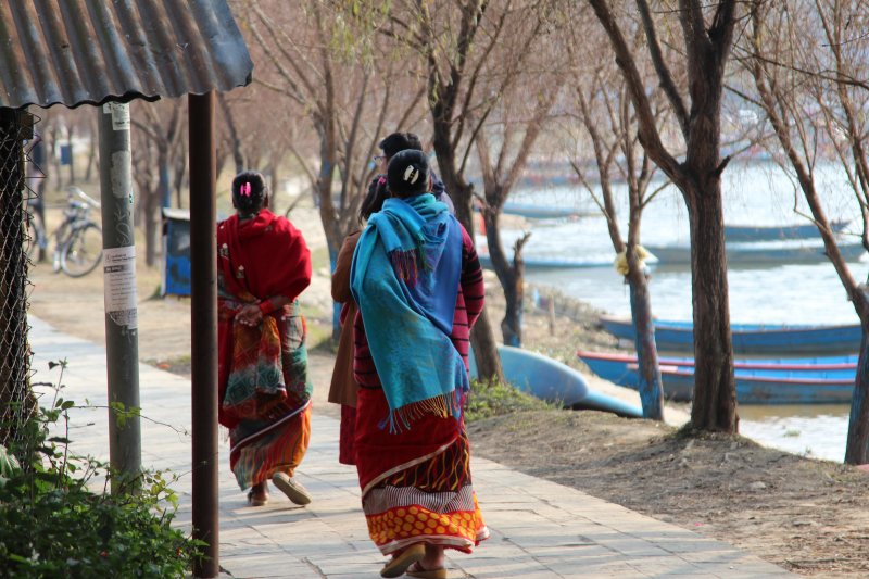 Women on Pokhara lakeside promenade