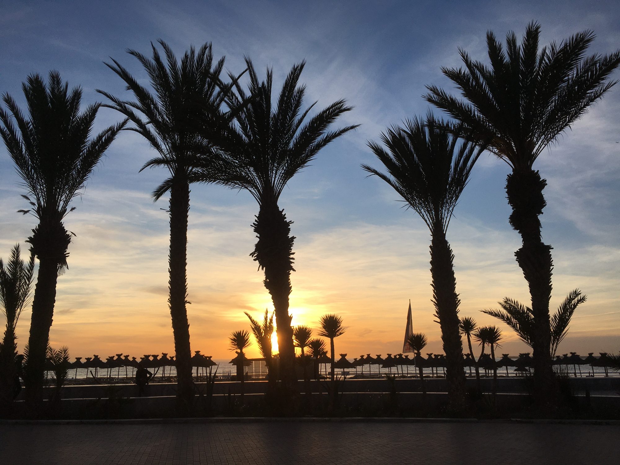 Agadir beach promenade at sunset