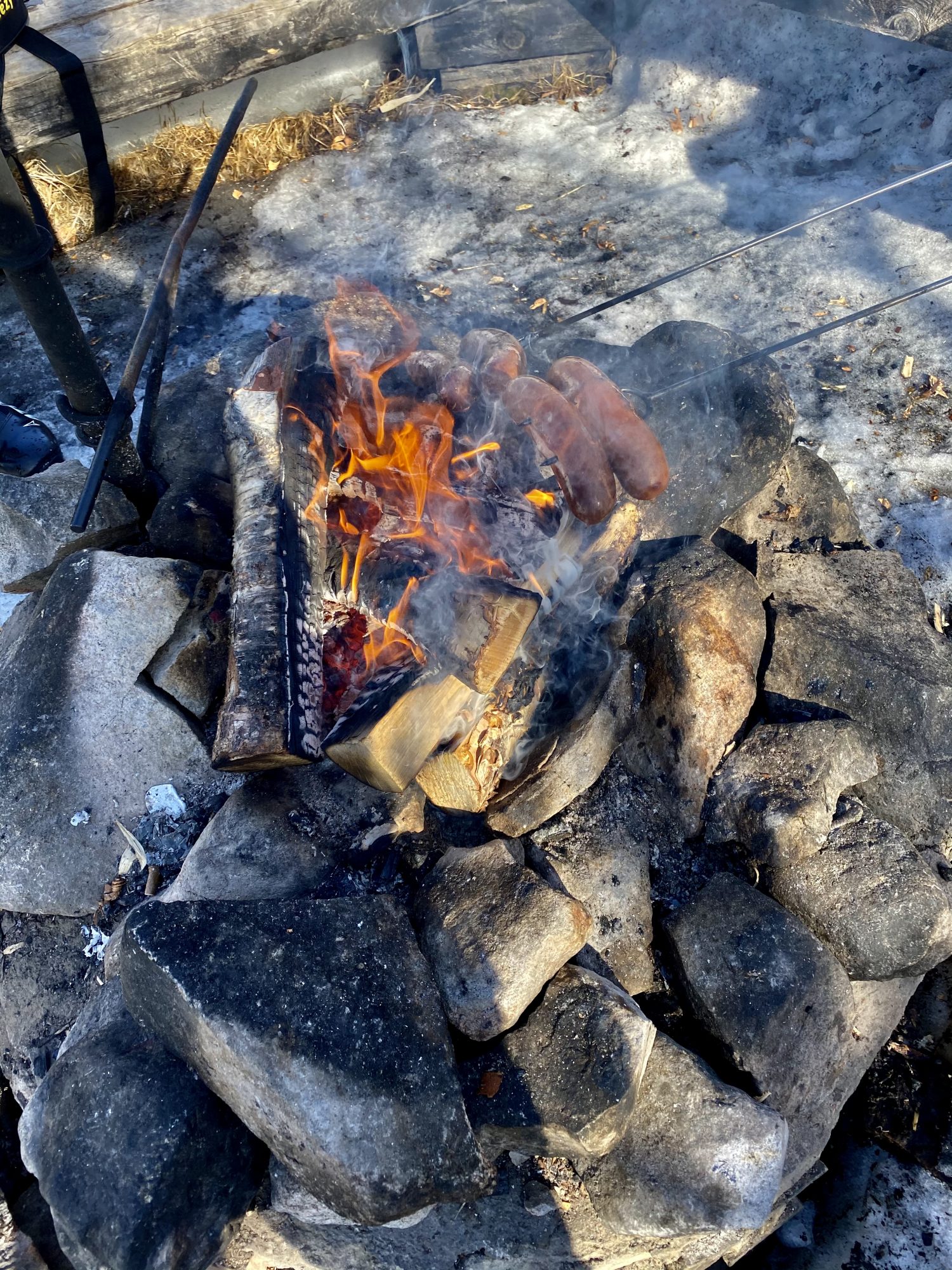 Campfire and sausages Arctic Lapland spring: sausages on fire