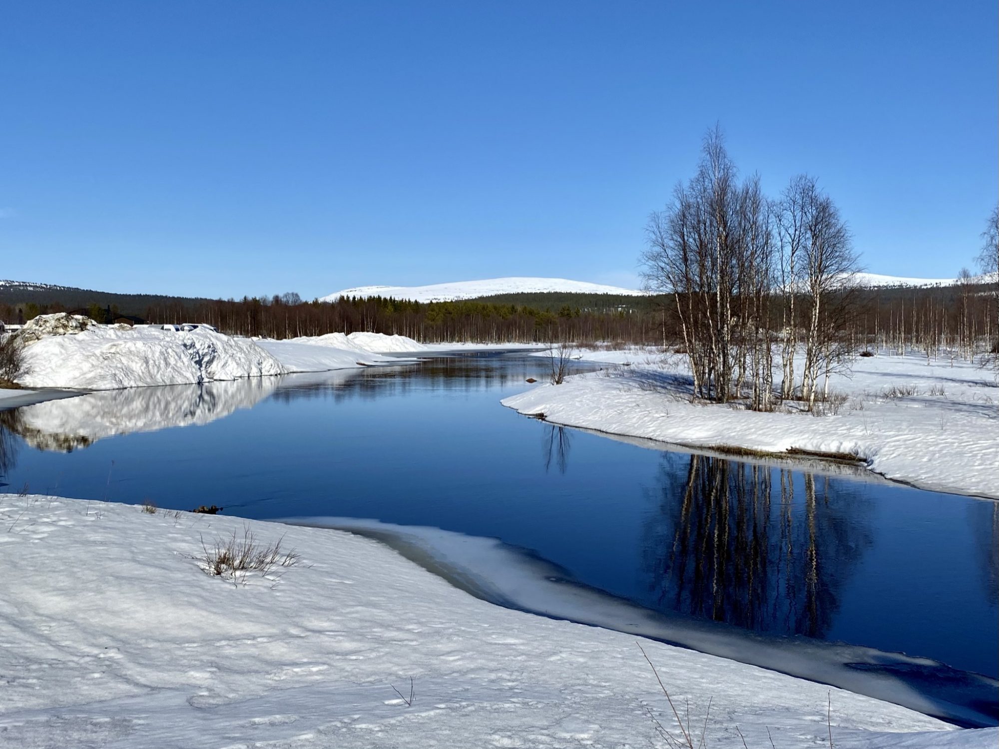 View from the ski track Arctic Lapland spring: the Äkäsjoki river