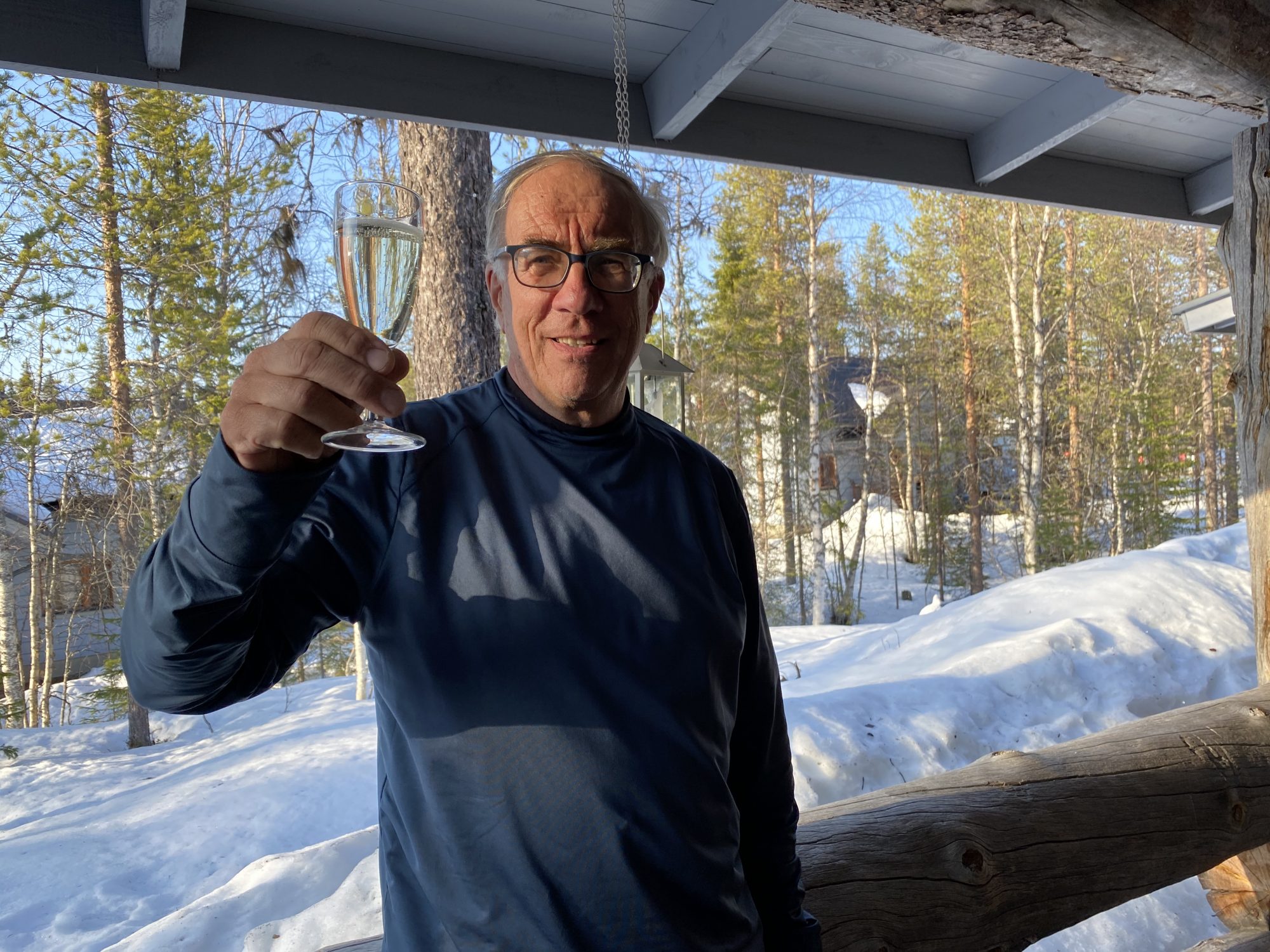Cheers! We are in a Lapland cottage. Cheers to the arctic Lapland spring!