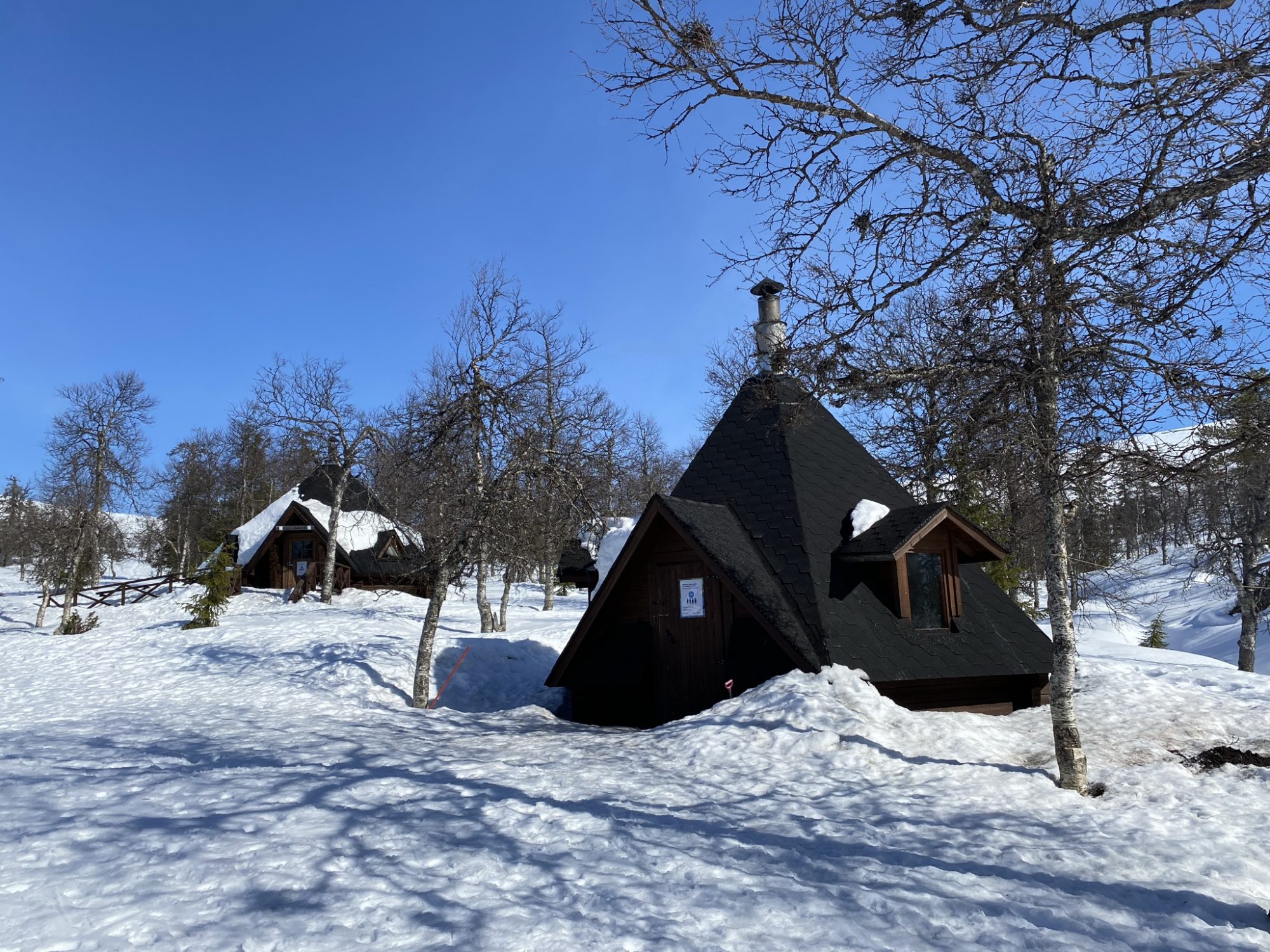Lappish style huts along the ski track Lapland kota wind shelters in Pallas-Yllästunturi National Park