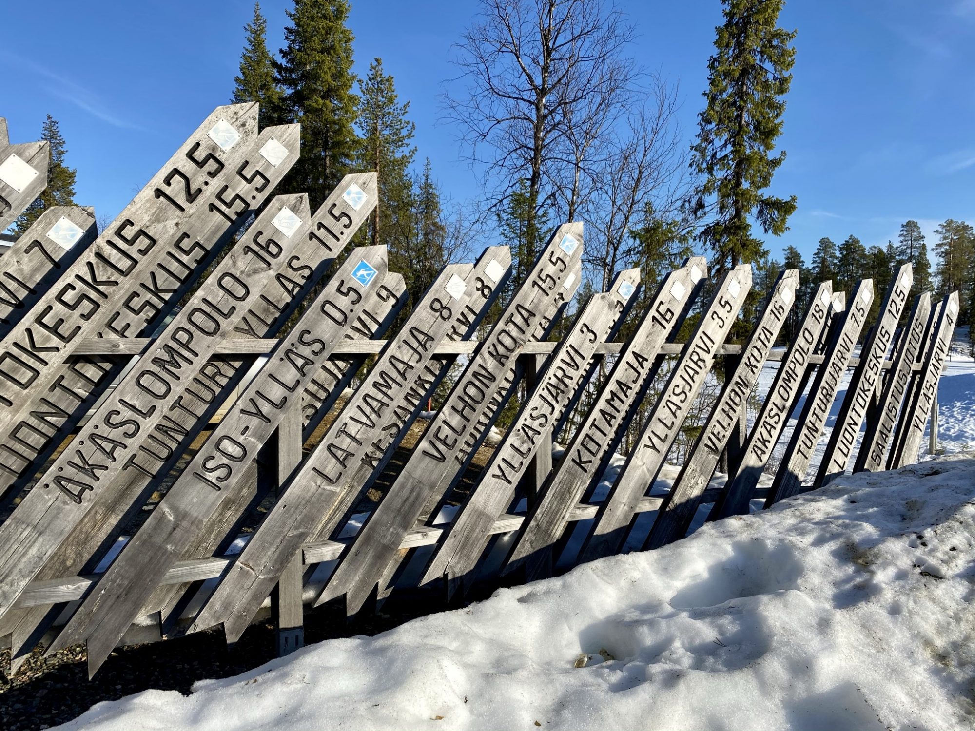 Ylläs ski track signs Arctic Lapland spring: ski track signs of Ylläs