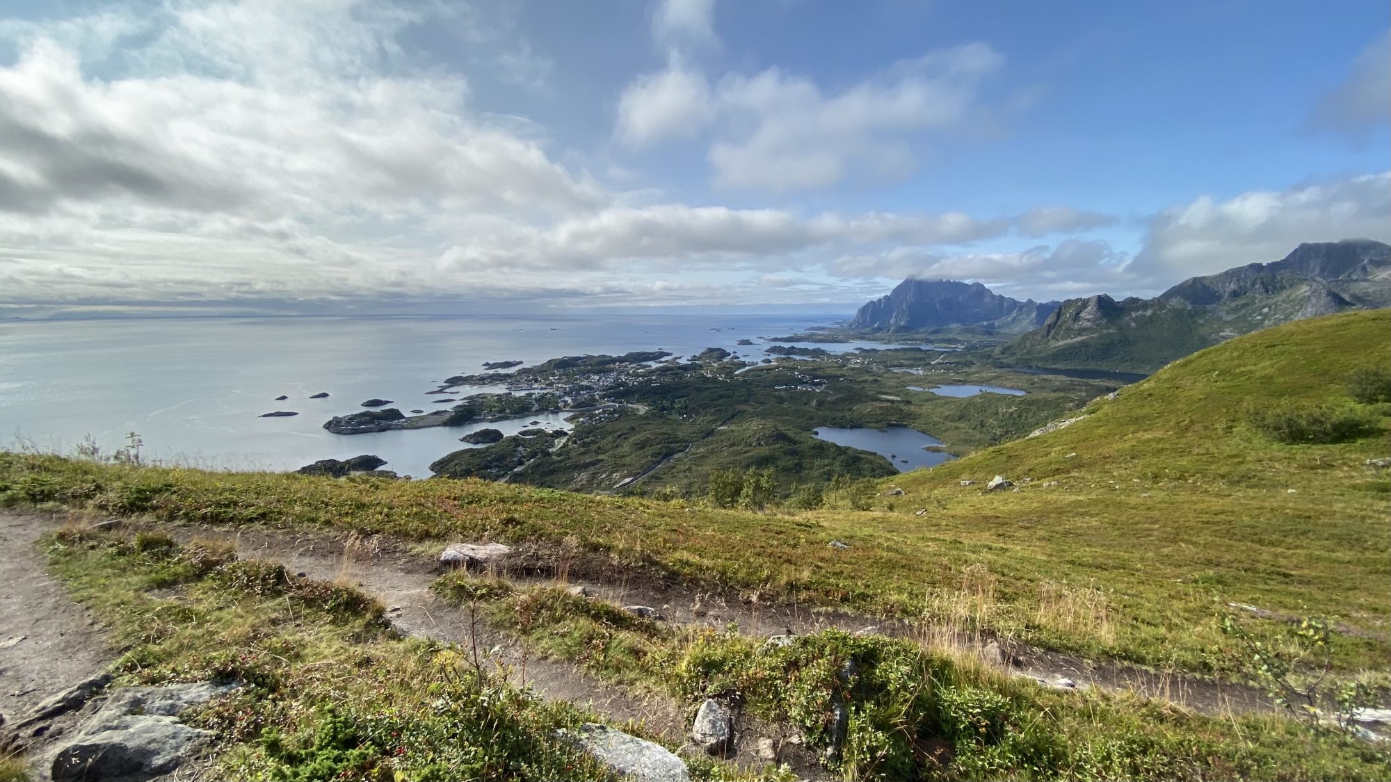 View to Kabelvåg Lofoten hikes: view from Tjeldbergtinden towards Kabelvåg