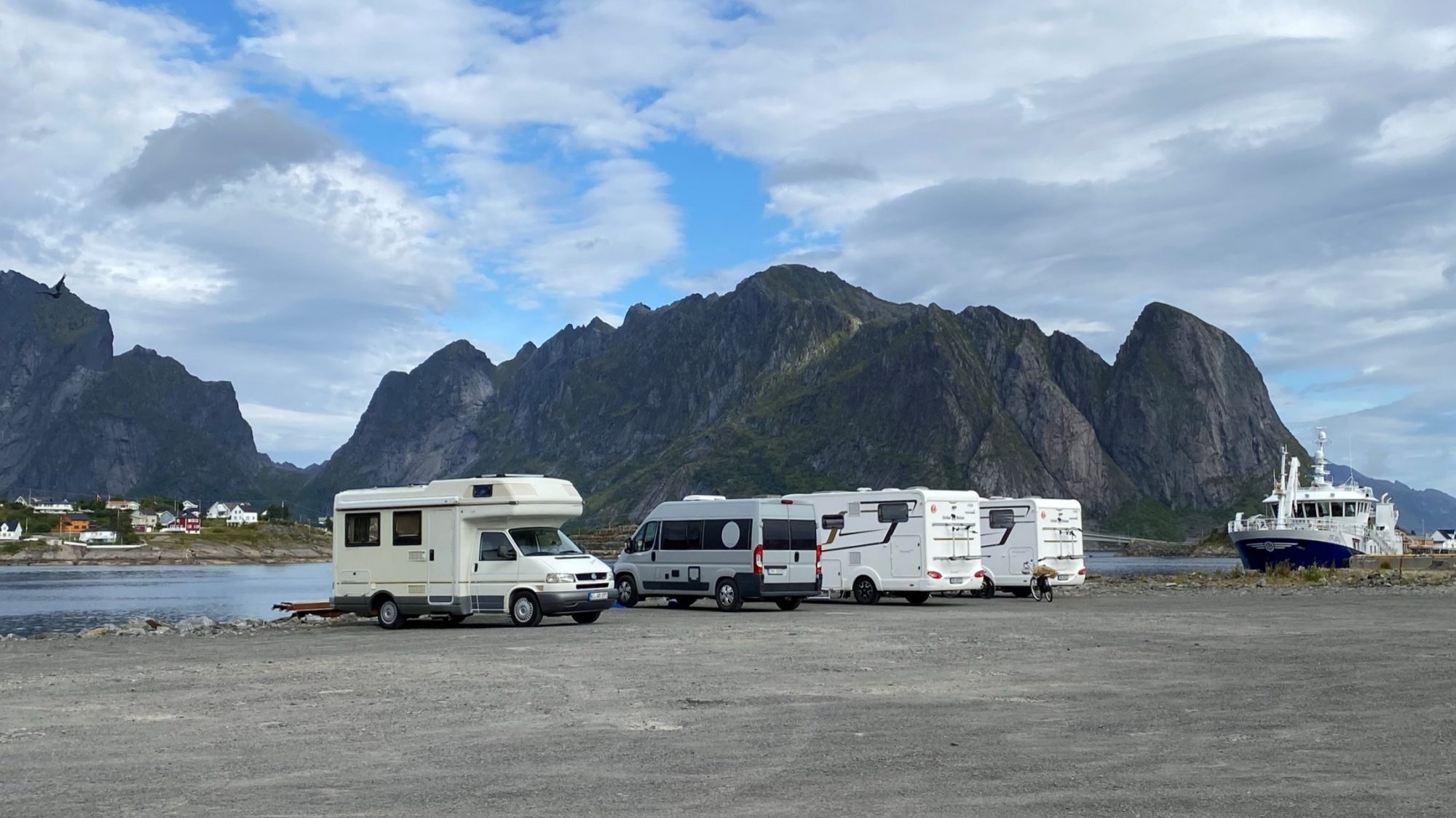 Campervans and motorhomes in Reine Outer Harbor Lofoten hiking: Motorhome parking at Reine outer harbor